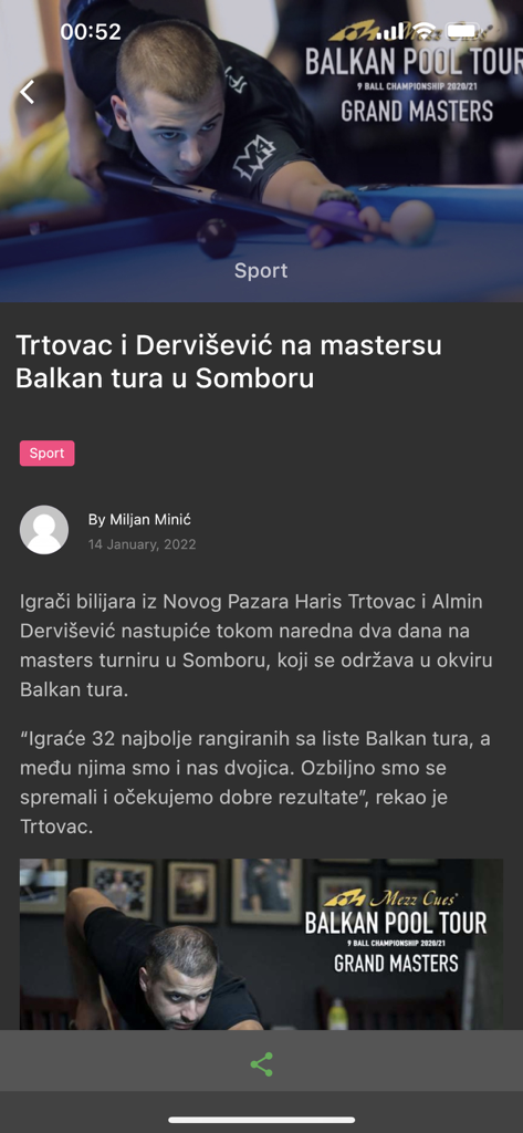 A sports news article on the RTVNP app about players participating in a Balkan pool tournament.