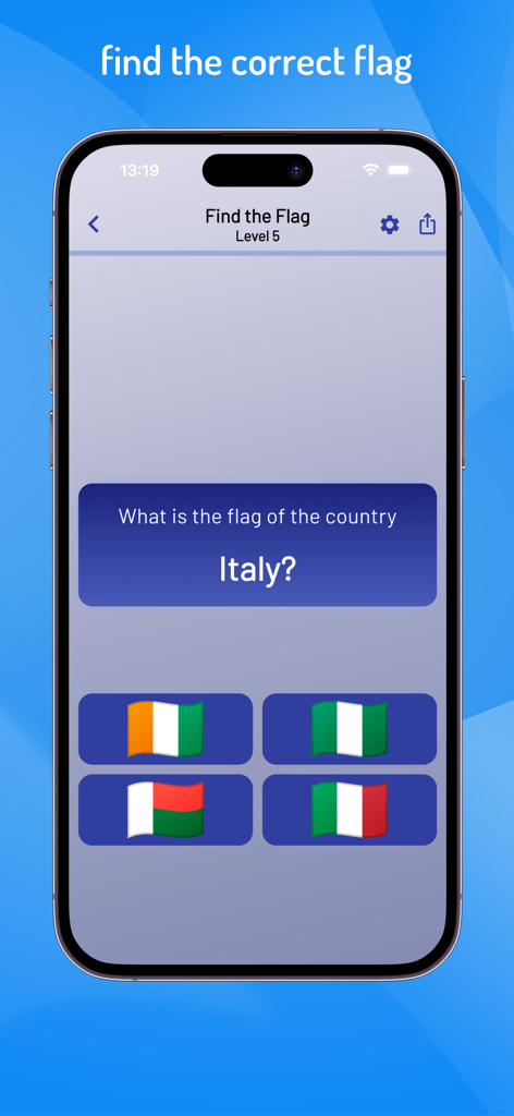 Quiz World Countries & Cities - Mobile app interface showing a geography quiz asking to identify the flag of Italy among four options