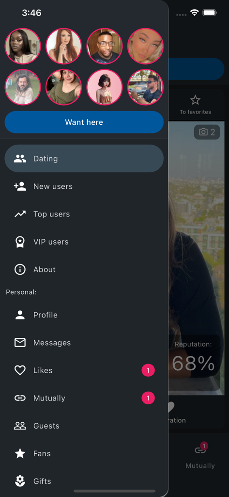 InDating - Dating and Chat - InDating app side menu with navigation options and user profile photos