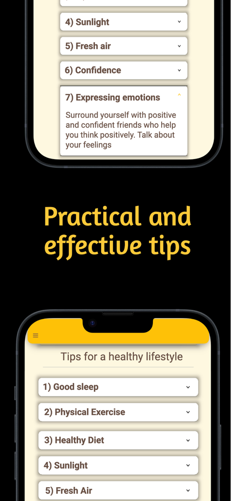 Happiness Test. - Una lista de consejos prácticos y efectivos de estilo de vida dentro de la aplicación Test de Felicidad, incluyendo sueño y ejercicio físico.