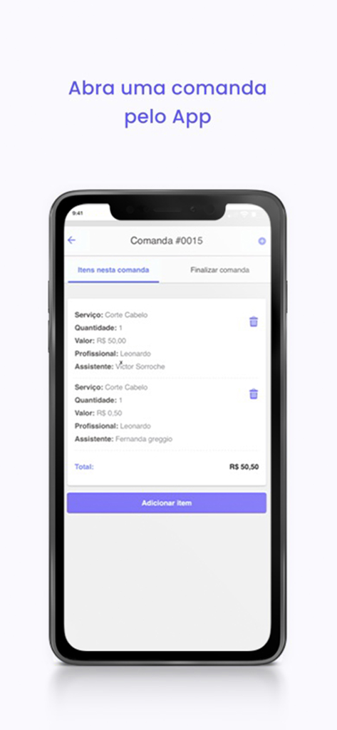 Tela de smartphone do aplicativo Avec Pro mostrando um pedido de serviço digital para um cliente de salão