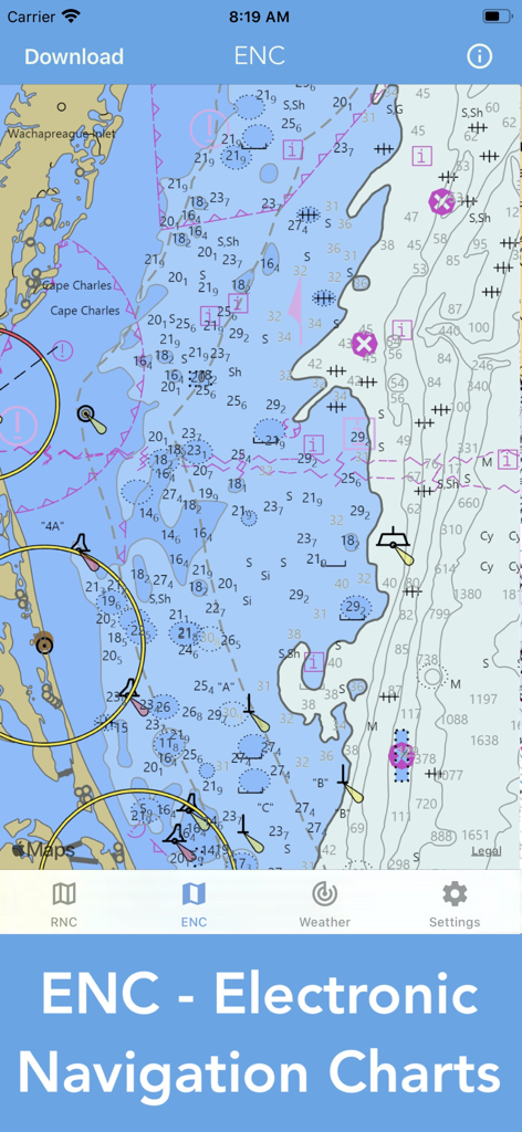Pantalla de la aplicación móvil que muestra detalladas Cartas Electrónicas de Navegación de la NOAA con símbolos marítimos y contornos de profundidad