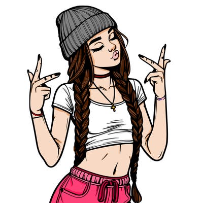 realistic teenage girl with braids and a beanie and crop top doing 🫶🏼
