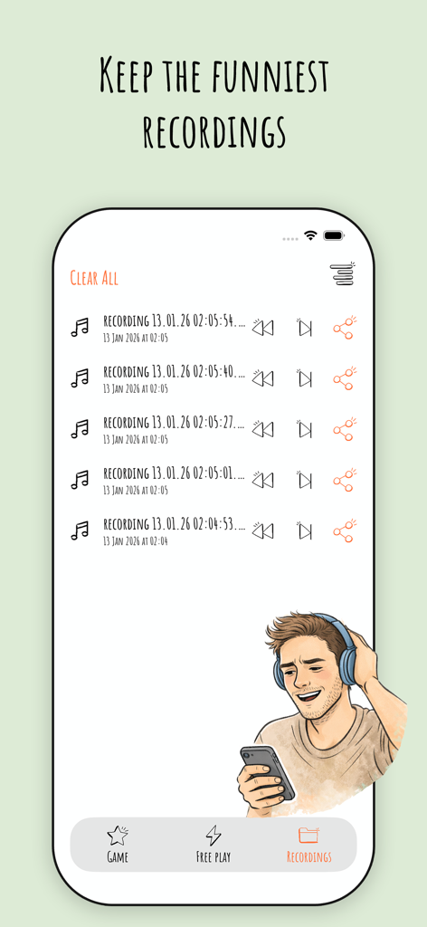 재생 및 공유 버튼이 있는 Reverse Singing 앱의 저장된 오디오 녹음 목록