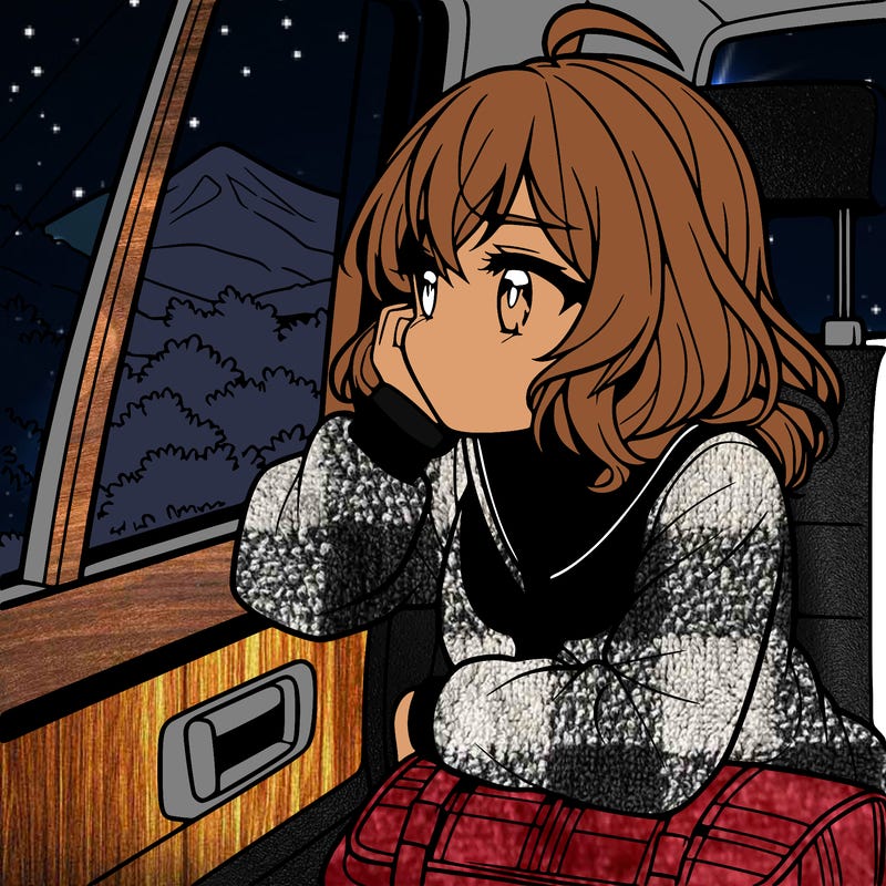 anime girl sighing with elbow on window sill on the back seat of the car looking outside the window of the car