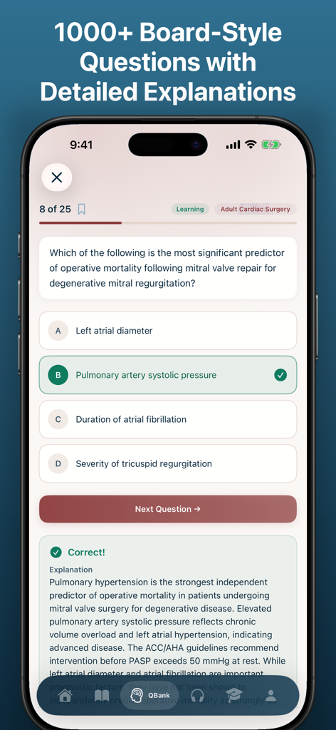 TSRA app question bank screen with a surgical board exam question and correct answer explanation
