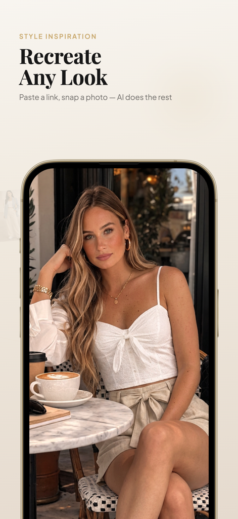 Screenshot of Style Mirror app showing a woman in a stylish outfit with the text Recreate Any Look
