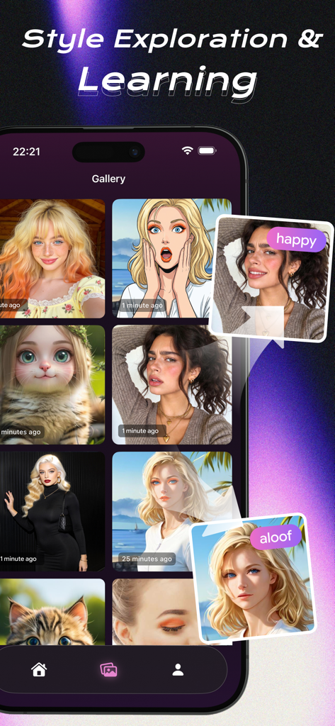 Un smartphone montrant la galerie d'exploration de styles et d'apprentissage dans l'application MagsMake AI avec divers filtres de portrait et étiquettes de style.