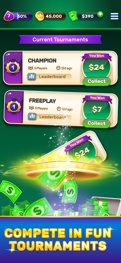 Solitaire Royale tournament screen showing cash prize winnings and collect buttons