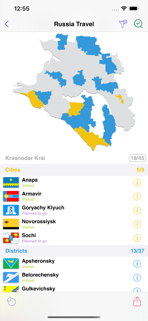 Russia Travel app showing a map of Krasnodar Krai with visited and planned cities and districts
