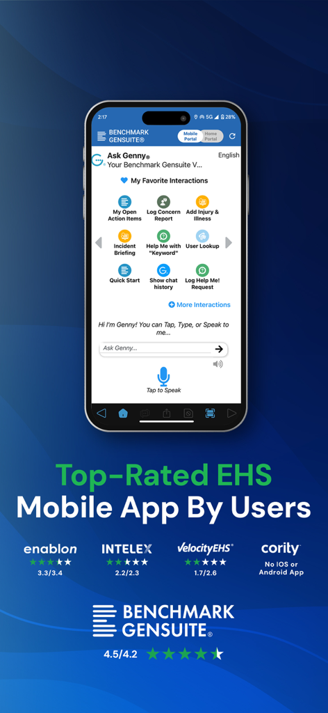 Screenshot of the Benchmark Gensuite EHS mobile app showing high user ratings and the Ask Genny interface.