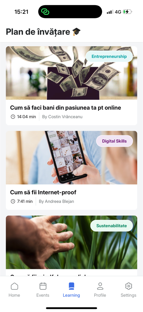 Zbor - Spațiu de Explorat - Écran de plan d'apprentissage dans l'application Zbor montrant des cours éducatifs pour l'entrepreneuriat et les compétences numériques.