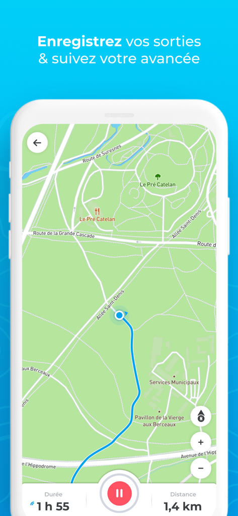 Helloways - GPS de randonnée - Pantalla de la aplicación Helloways que muestra un mapa GPS con una ruta de senderismo rastreada y estadísticas de progreso del viaje.