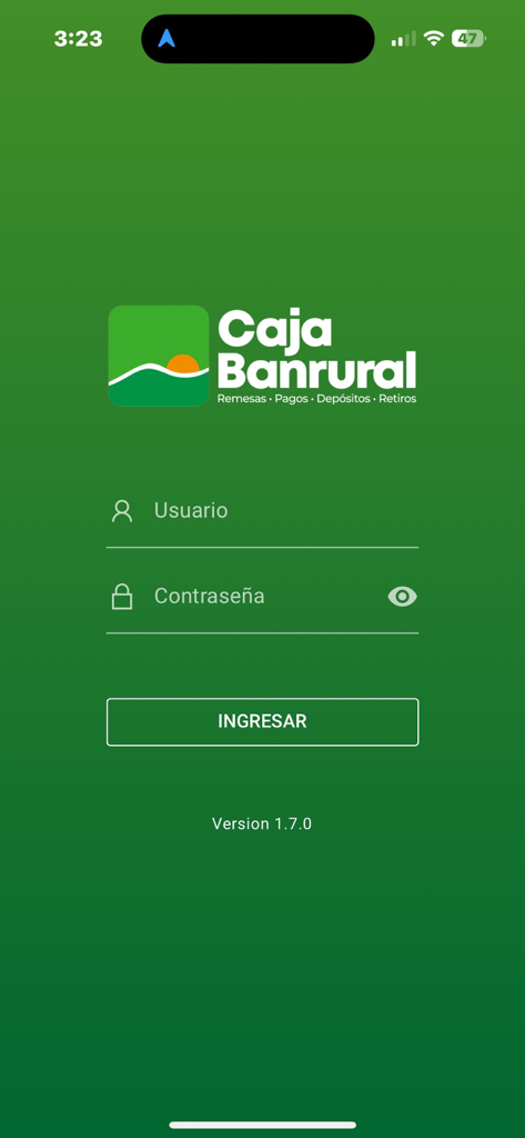 Cheques - Caja Banrural - Login screen of the Caja Banrural mobile app with username and password fields