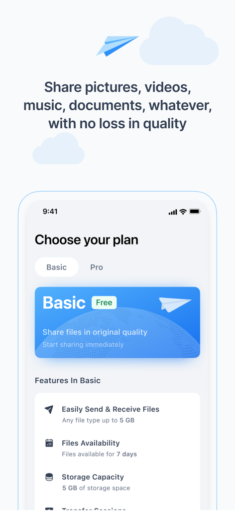 Filemail – File Transfer App - Filemailモバイルアプリの画面。高品質なファイル共有のための無料の基本プランの機能が表示されています。