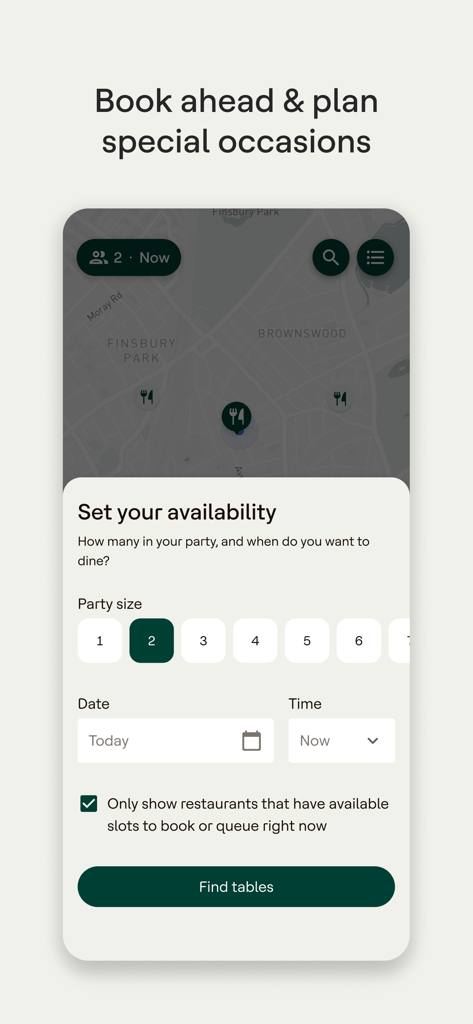 Dojo app interface showing options to set party size, date, and time for restaurant table bookings.