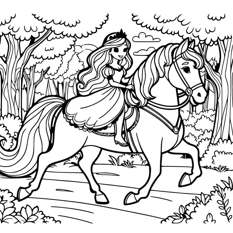 a princess riding a majestic white stallion through a forest clearing