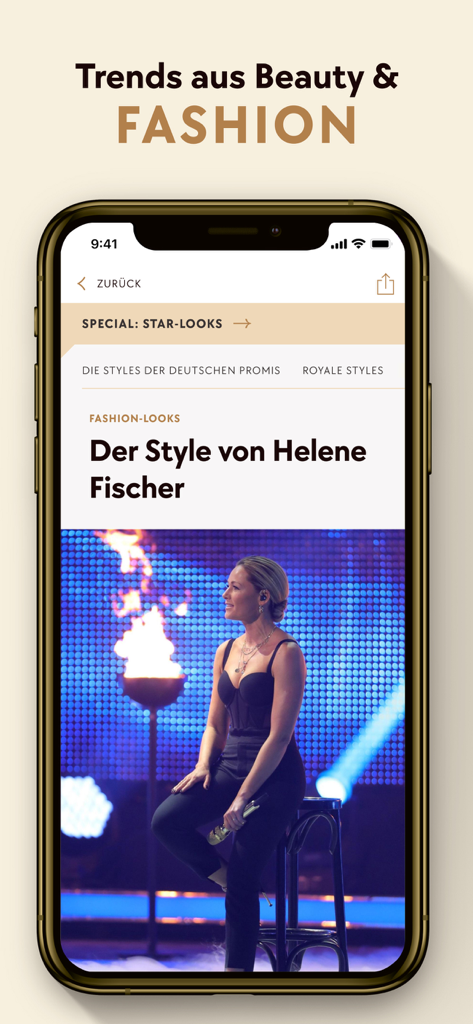 Gala Star News: Promis, Royals - Eine mobile App-Oberfläche von Gala Star News mit Trends in den Bereichen Mode und Schönheit von Prominenten.