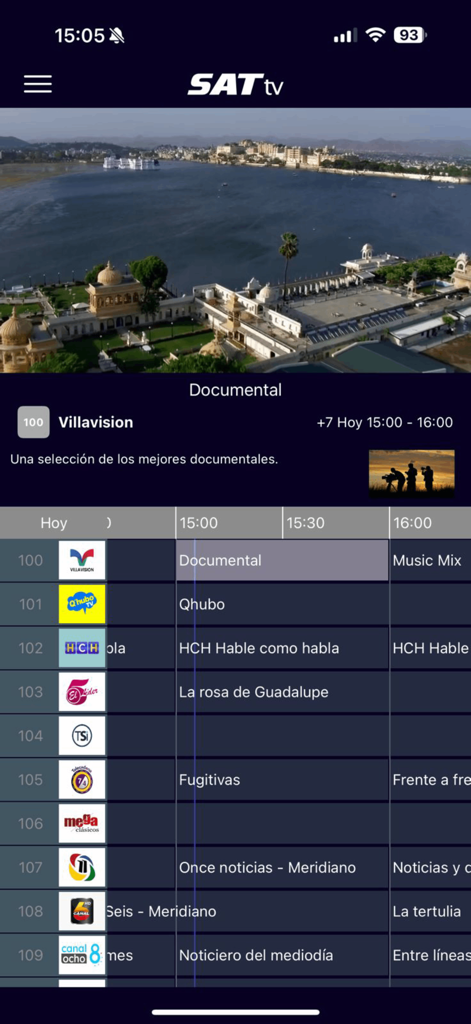 SAT TV+ - SAT TV plus mobile app interface showing a live television program guide with various Spanish language channels