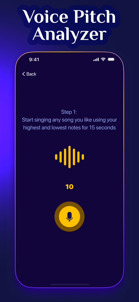 Sing Whiz - Vocal Range Test - Smartphone screen displaying the Sing Whiz voice pitch analyzer recording interface