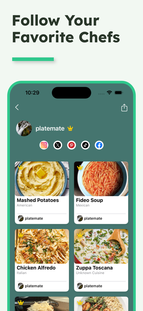 PlateMate AI - Mobile app interface of PlateMate AI showing a chef profile with social media links and a feed of recipes including Chicken Alfredo and Zuppa Toscana.