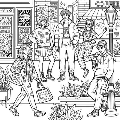 Unleash your inner fashionista with this dynamic coloring page featuring five trendy teenage models showcasing urban street style. Immerse yourself in a detailed city scene, ready for your creative touch.