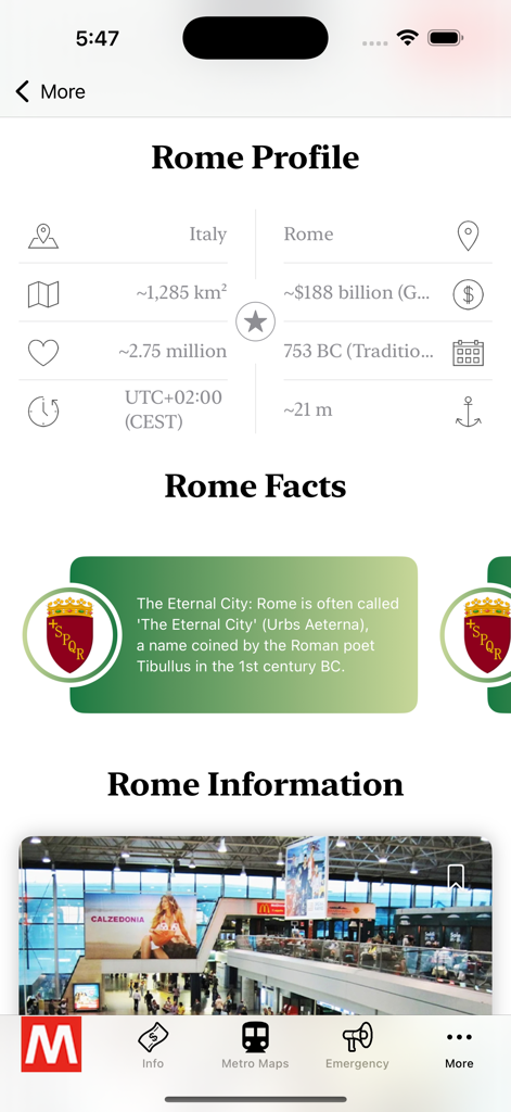 Uno schermo dall'app Rome Subway Map che mostra fatti sul profilo della città e informazioni storiche su Roma