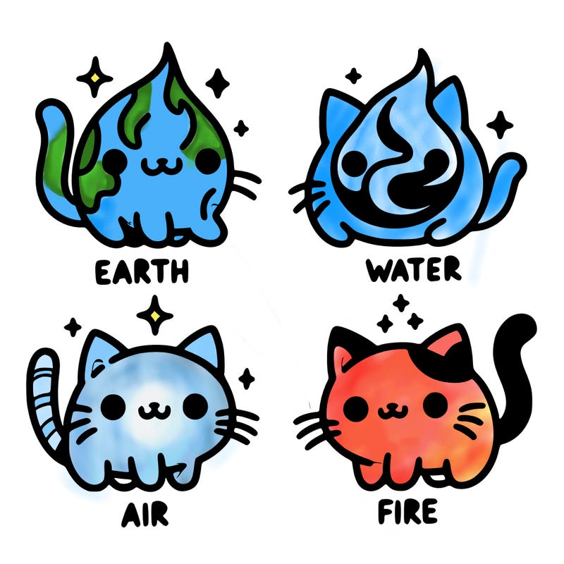 4 cats that represent the different elements, earth, water, air, and fire
