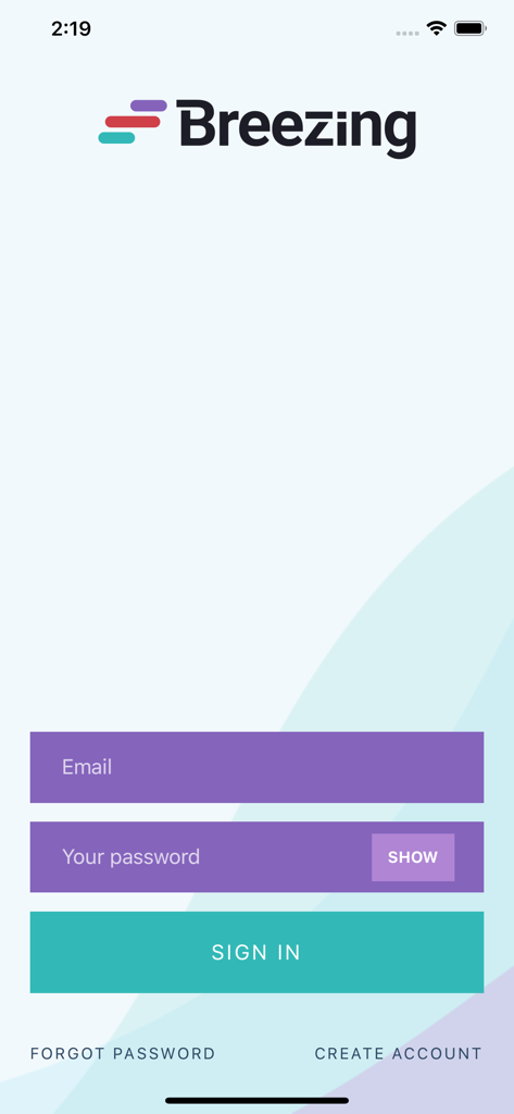 Breezing Pro - Breezing Pro mobile app login screen with email and password sign in fields