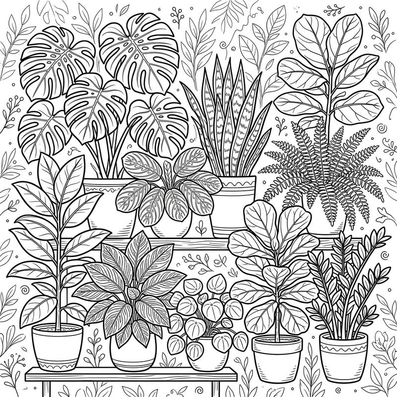 Bring the beauty of the outdoors inside with this vibrant foliage houseplants coloring page. Explore a captivating collection of potted greens, perfect for relaxing and unleashing your creativity.
