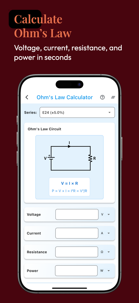 Ohmify - electronics tools - Ohmify app interface showing the Ohm's Law Calculator with fields for voltage, current, resistance, and power