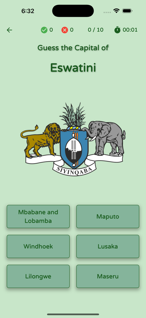 Screenshot dell'app Quiz sull'Africa che mostra una domanda a scelta multipla per indovinare la capitale dell'Eswatini, con il suo stemma.
