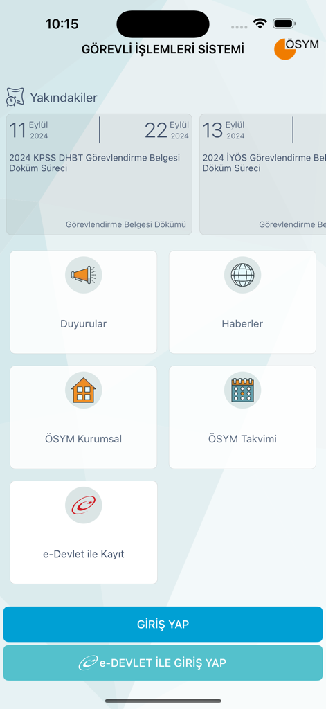 ÖSYM Görevli İşlemleri Sistemi - The home screen of the OSYM Official Transaction System mobile app displaying login buttons and upcoming exam duty notifications.