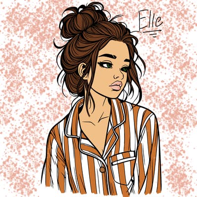 realistic woman with pajamas on and a messy bun