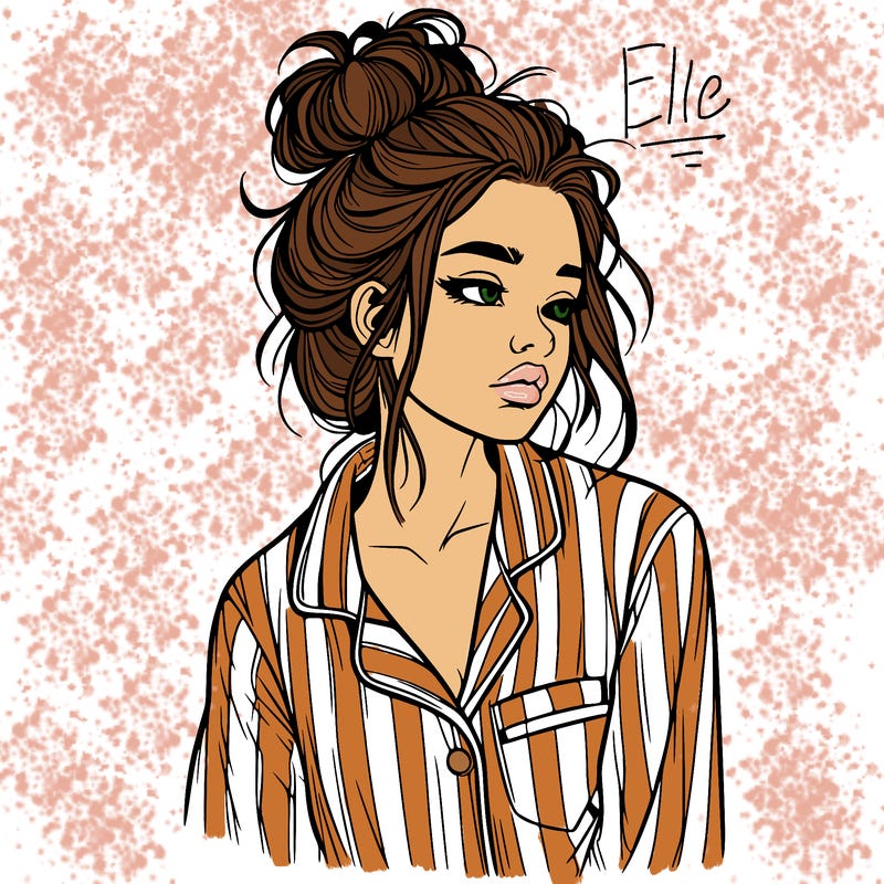 realistic woman with pajamas on and a messy bun