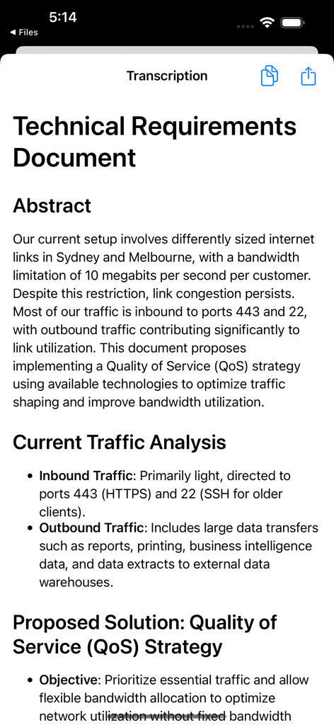 Knowte Transcribe - A technical requirements document generated by the Knowte Transcribe app showing formatted transcription results