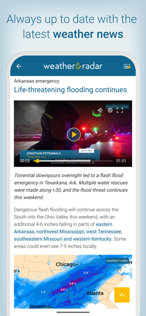 Weather and Radar app displaying live news reports and storm alerts