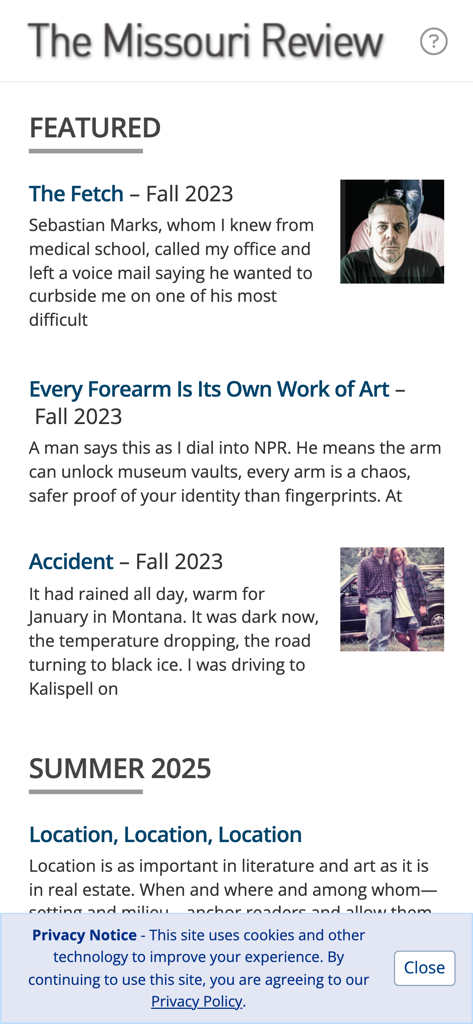 Screenshot of The Missouri Review mobile app showing a list of featured literary stories and essays.