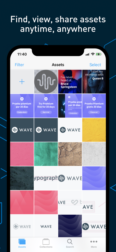Bynder - Bynder mobile app interface showing a grid of digital marketing assets on a smartphone screen