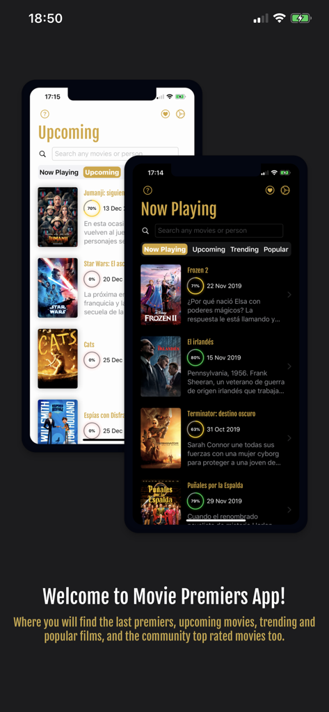 Movie Premieres - Interface de l'application Avant-premières de films affichant des listes de sorties de films actuelles et à venir avec des affiches et des notes.