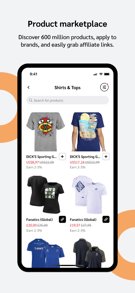 Une capture d'écran de la place de marché de produits de l'application impact.com affichant des articles d'affiliation avec des détails de commission.