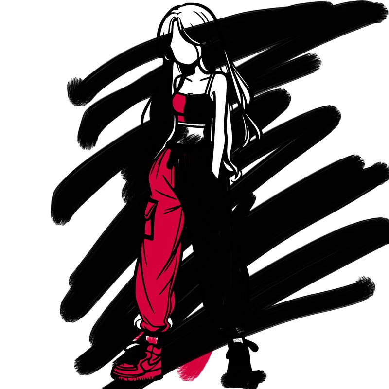 girl in baggy pants crop top and long hair