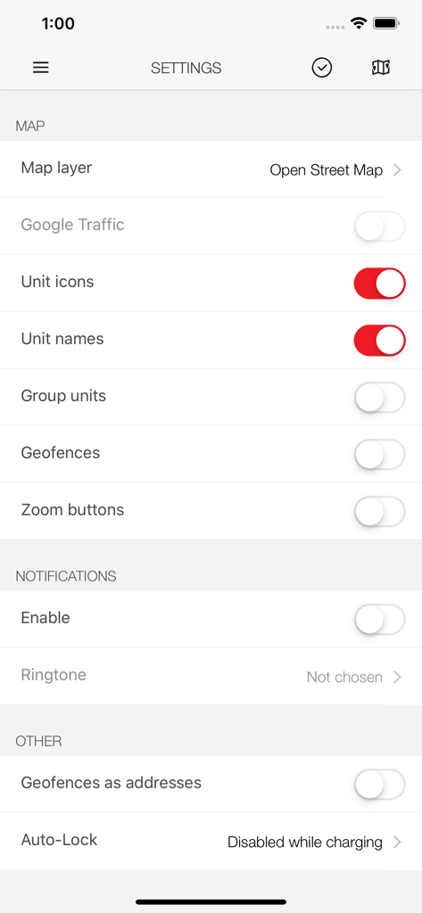FarmTrack Mobile app settings screen for configuring map layers geofences and notifications