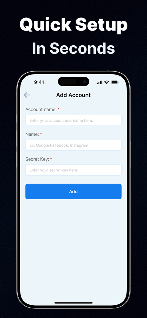 Authenticator App : 2FA Secure - Einrichtungsbildschirm für das Hinzufügen von Konten für die Authenticator App 2FA Secure auf dem iPhone