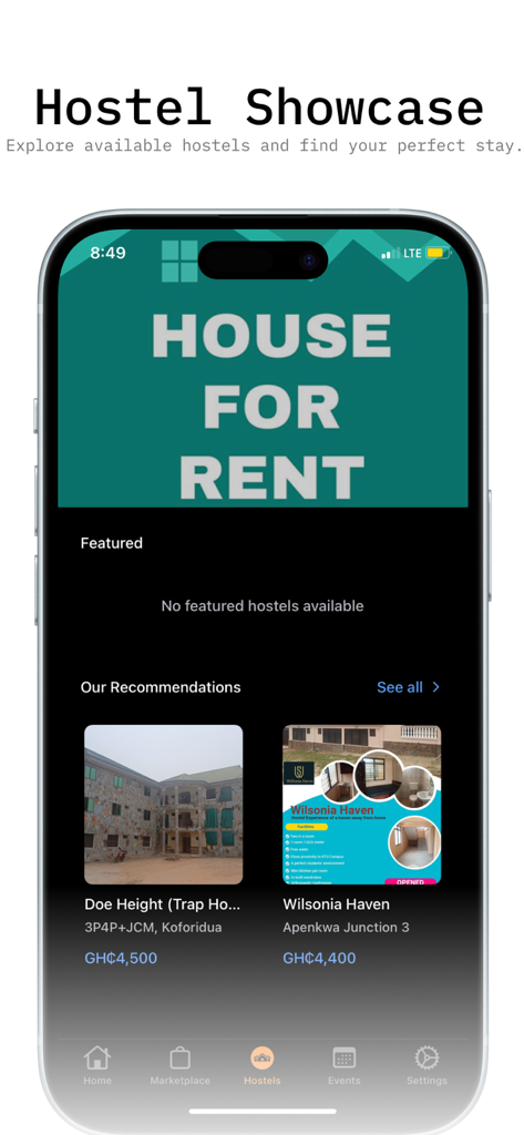 Schermata di presentazione degli ostelli dell'app mobile KTU SRC che mostra raccomandazioni di alloggi per studenti con foto e prezzi di affitto.