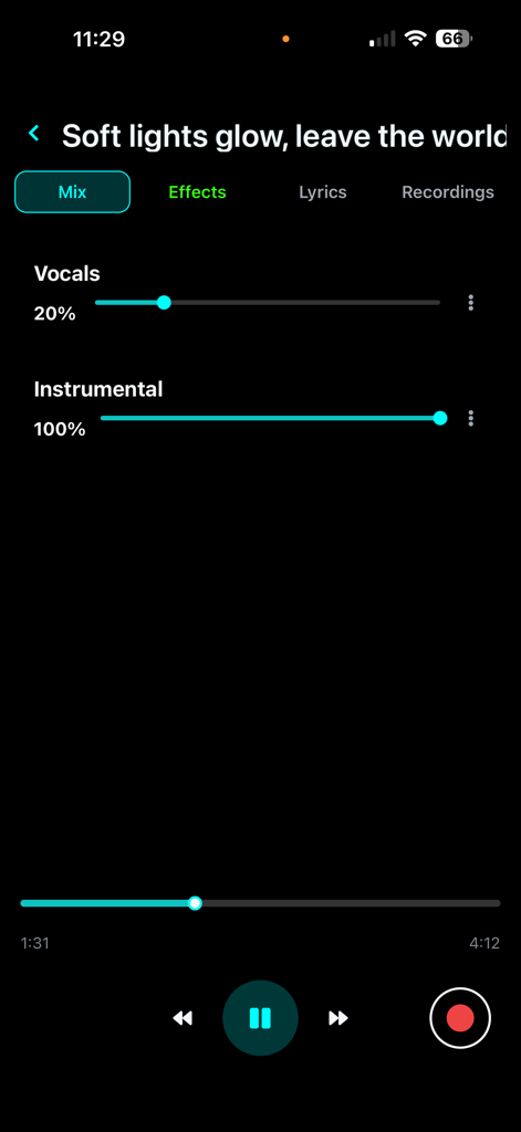 Sing With Me App - The mix screen of the Sing With Me app showing volume controls for vocals and instrumentals.