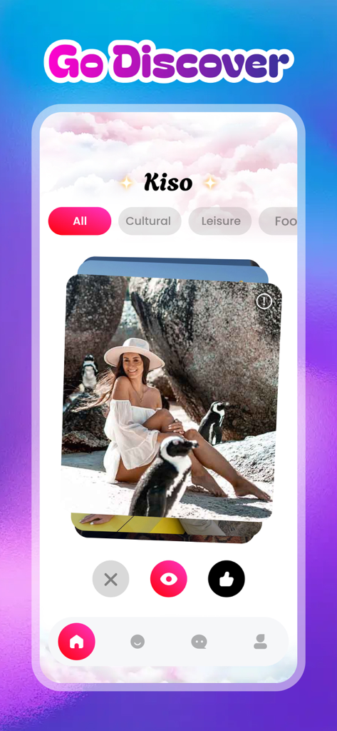 Kiso - Kiso mobile app Go Discover screen with travel photo cards and category filters