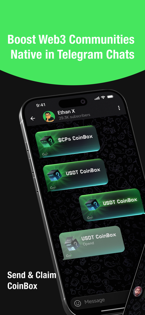 Conso - Telegram Web3 Console - A mobile interface screenshot of the Conso app showing the CoinBox feature for sending and claiming USDT rewards in Telegram chats.