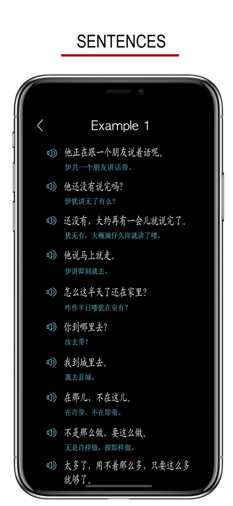 Hainan Chinese Dialect - Hainan Chinese Dialect app interface displaying a list of example sentences with audio playback icons