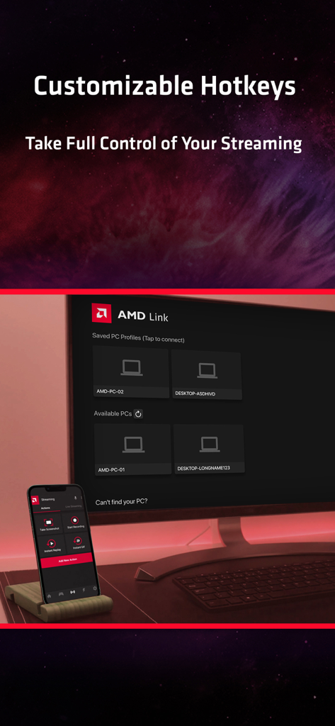 Customizable hotkeys on the AMD Link mobile app for controlling PC game streaming